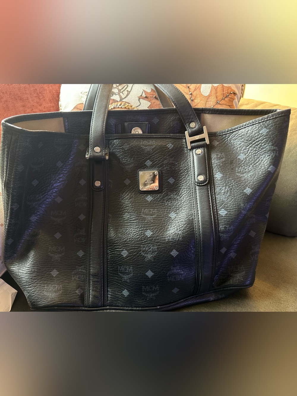MCM Black Logo Monogram Leather Tote